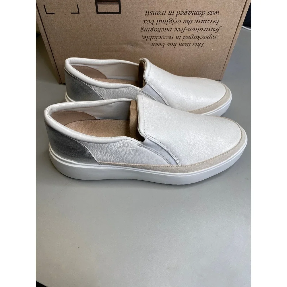 Vionic Kearny White Leather Slip On Sneakers Silver Metallic Heel Womens 9